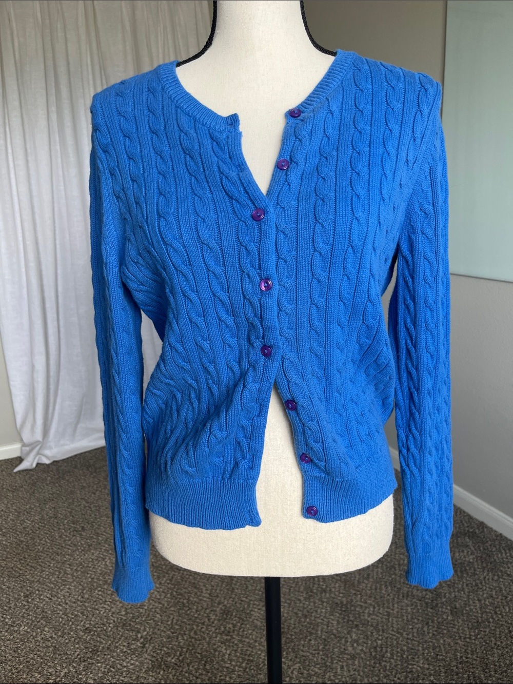 Blue Cable Knit Cotton Cardigan Preppy Classic Coastal Grandma Sweater Large
